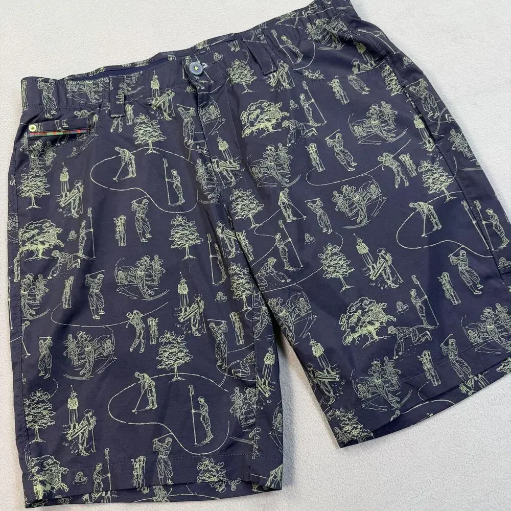 William Murray Golf Shorts Mens 34 Blue Golf Print Straight Fit Stretch